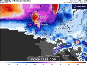 英国圣诞节天气：英国气象局的长期预报显示95%的降雪风险